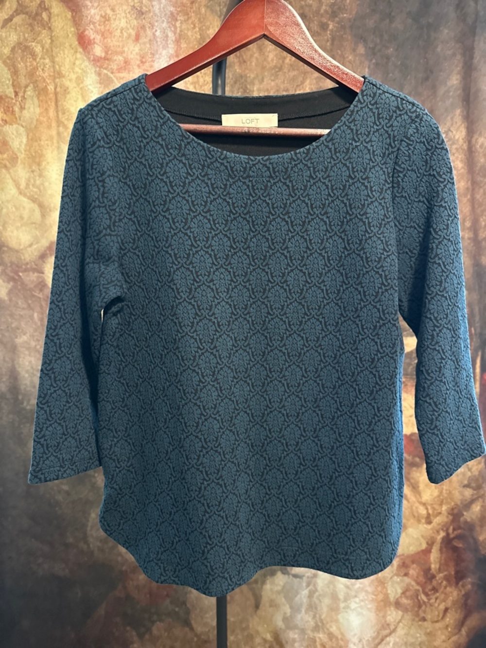 LOFT Women's Teal Patterned Scoop Neck Top